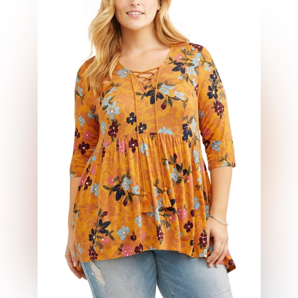 ☀️ Terra & Sky Mustard Yellow Floral Print V-Neck 3/4 Sleeve Boho Top Size 2X - Picture 1 of 7